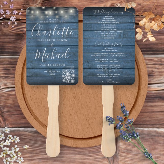 Blue Rustic Wood String Lights Wedding Program Hand Fan (Blue Rustic Wood String Lights Wedding Program Hand Fan)