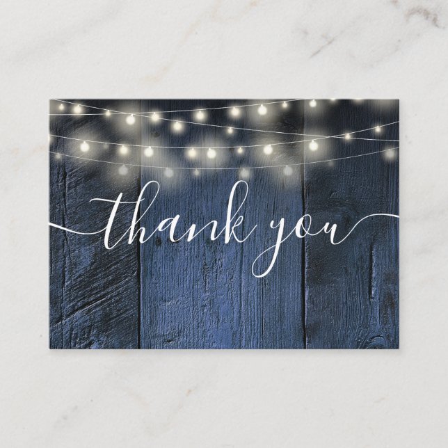 Blue Rustic Wood String Lights Wedding Thank You Place Card (Front)