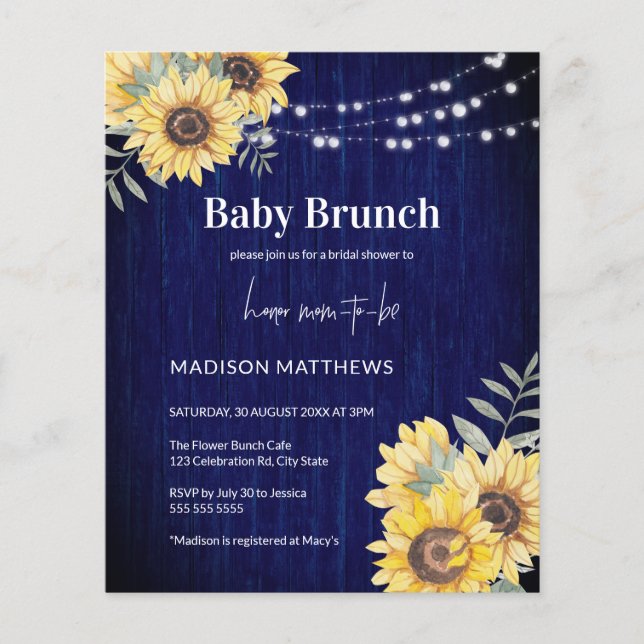 Blue Rustic Wood Sunflower Lights Baby Shower (Front)
