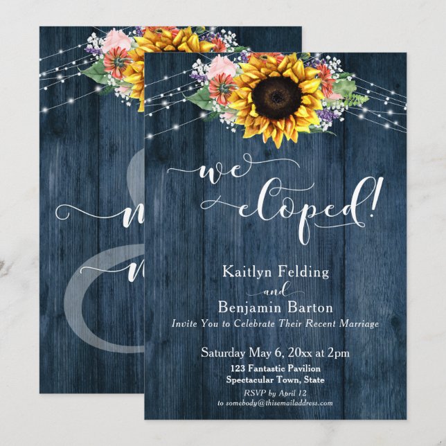 Blue Rustic Wood Sunflower Lights We Eloped Invitation (Front/Back)