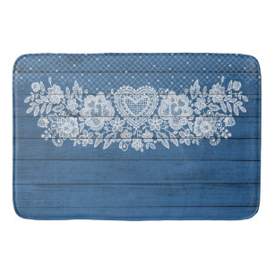 Blue Rustic Wood & White Lace Lacy Farmhouse Bath Mat