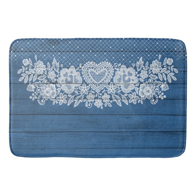 Blue Rustic Wood & White Lace Lacy Farmhouse Bath Mat (Front)