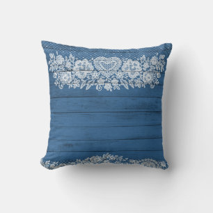 Blue Rustic Wood & White Lace Lacy Farmhouse Chic Cushion