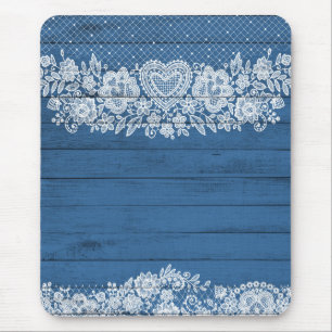 Blue Rustic Wood & White Lace Lacy Farmhouse Chic Mouse Mat
