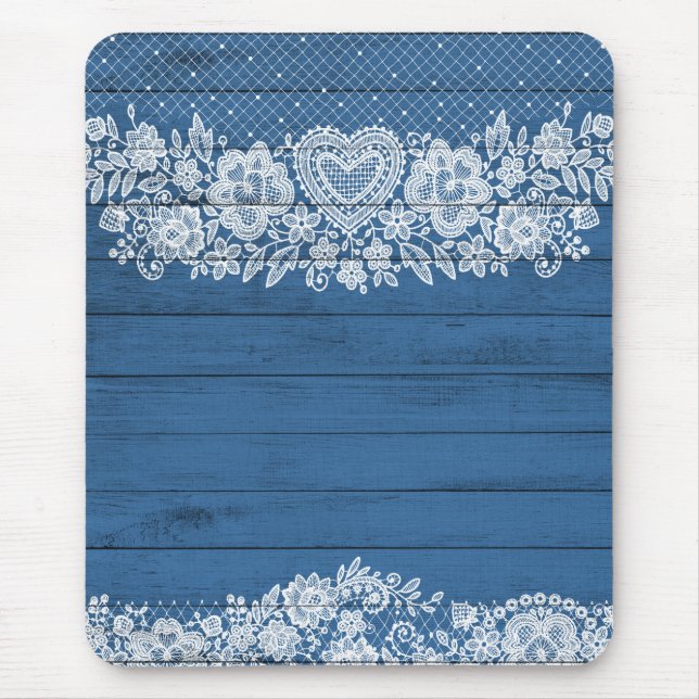 Blue Rustic Wood & White Lace Lacy Farmhouse Chic Mouse Mat (Front)
