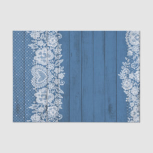 Blue Rustic Wood & White Lace Lacy Farmhouse Chic Tissue Paper