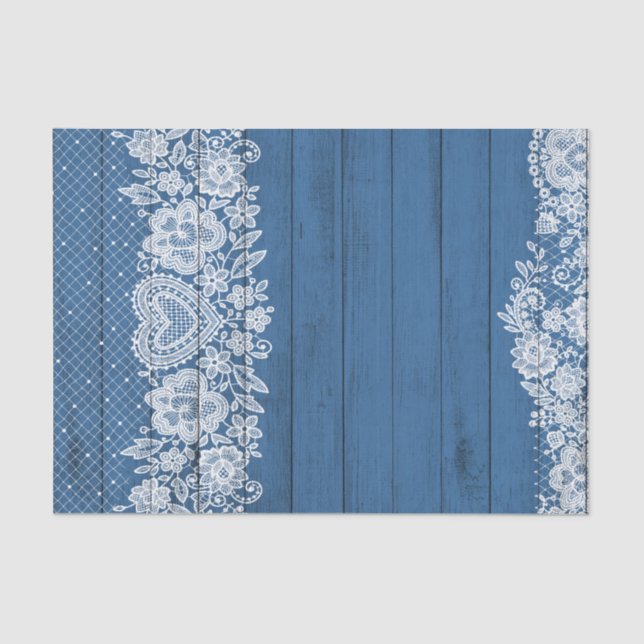 Blue Rustic Wood & White Lace Lacy Farmhouse Chic Tissue Paper (Front)