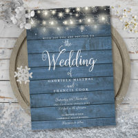 Blue Rustic Wood Winter Snow String Lights Wedding