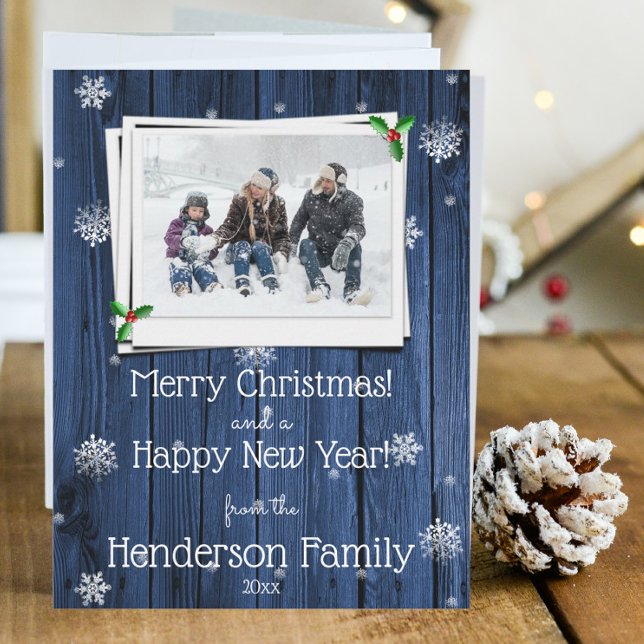 Blue Rustic Wooden Flat Holiday Photo Card (Blue Rustic Wooden Christmas Photo Card)