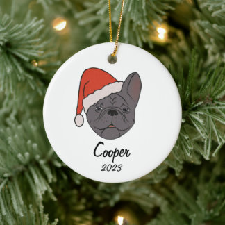 Blue Sable Frenchie Santa Hat Christmas Ornament