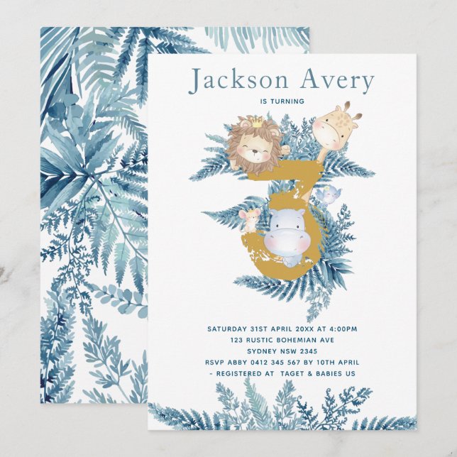 Blue Safari Animals 3rd Birthday Invitation (Front/Back)