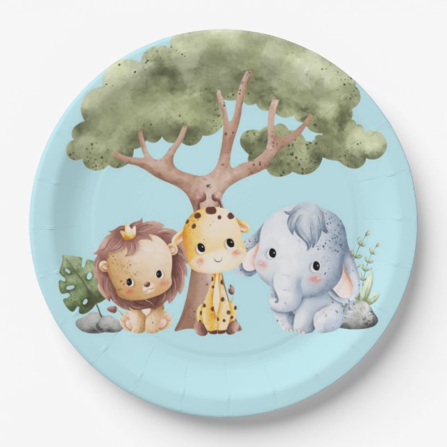 BLUE SAFARI BABY SHOWER PAPER PLATE (Front)