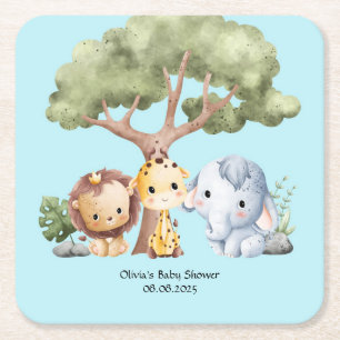 Blue safari baby shower square paper coaster
