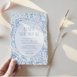 Blue Safari Toile de Jouy Baby Shower Invitation