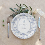 Blue Safari Toile de Jouy | Baby Shower Paper Plate<br><div class="desc">Elevate your baby shower with these exquisite Blue Safari Toile de Jouy paper plates, perfect for celebrating the upcoming arrival in style! Featuring an elegant toile de Jouy design in soft blue, these plates are adorned with whimsical safari animals such as zebras, giraffes, and tropical palms, giving your event a...</div>