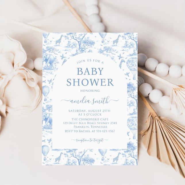 Blue Safari Toile De Jouy Boy Baby Shower Invitation (Creator Uploaded)
