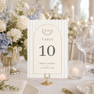 Blue & Sage Green Striped Monogram Wedding Table Number