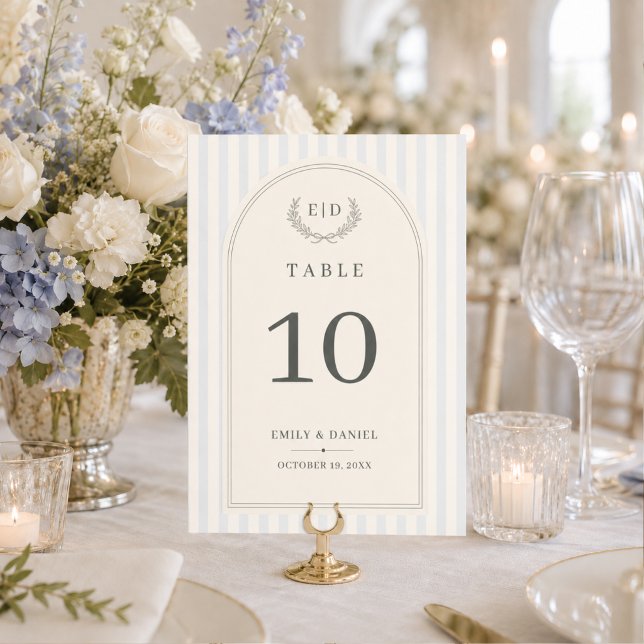 Blue & Sage Green Striped Monogram Wedding  Table Number (Creator Uploaded)