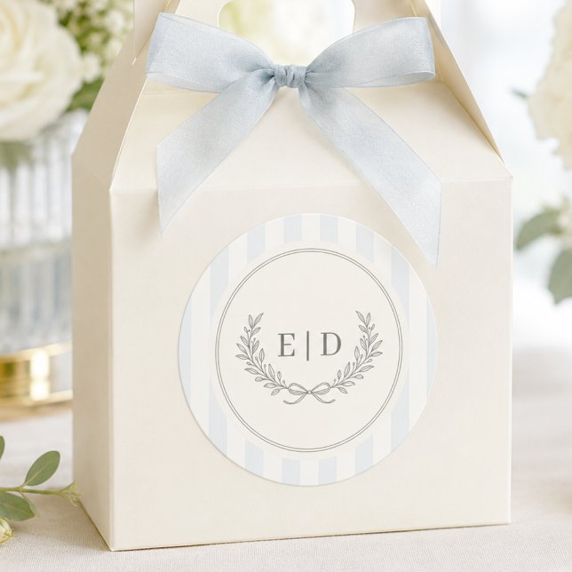 Blue & Sage Striped Monogram Wedding Classic Round Sticker (Creator Uploaded)