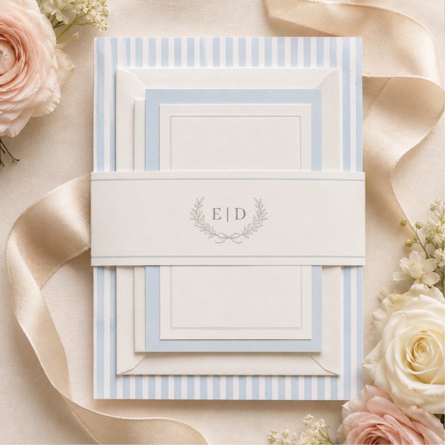 Blue & Sage Striped Monogram Wedding Invitation Belly Band (Creator Uploaded)