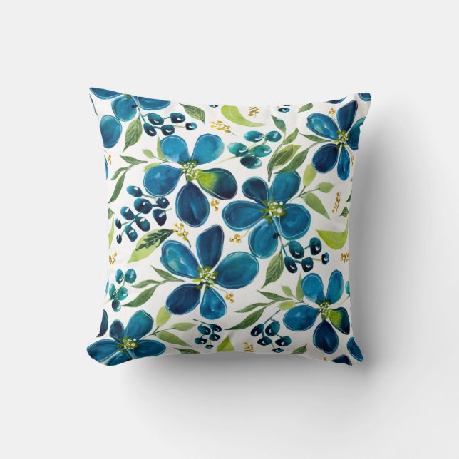 Blue Sage Watercolor Floral Reversible Pillow (Front)