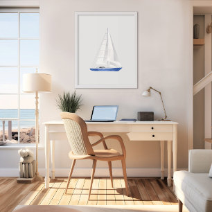 Blue Sail Boat Watercolor Art Poster