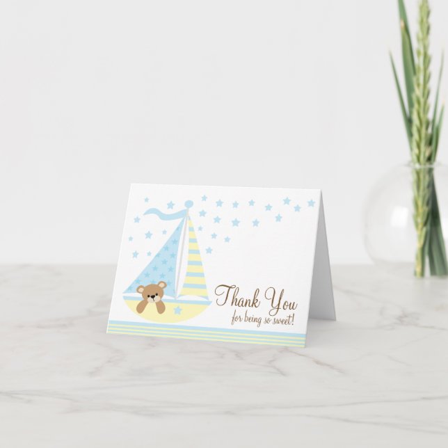 Blue Sailboat Baby Shower Thank You Note Card (Front)
