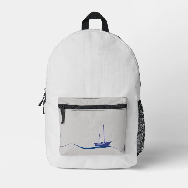 Blue sailboat floating in the ocean with waves printed backpack (Front)
