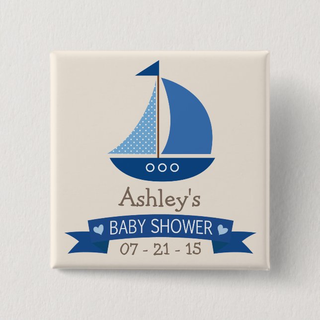 Blue Sailboat, Nautical Baby Shower 15 Cm Square Badge (Front)