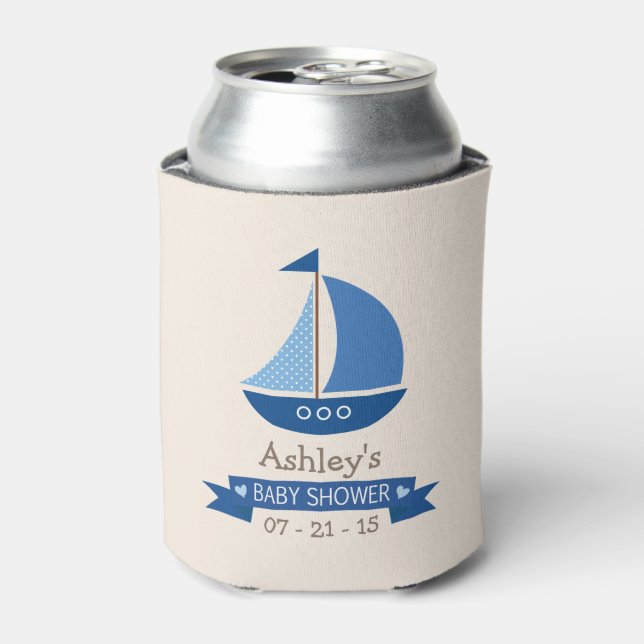 Blue Sailboat, Nautical Baby Shower Can Cooler (Can Front)
