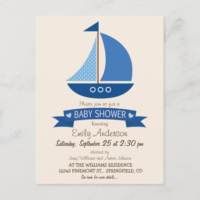 Blue Sailboat, Nautical Baby Shower Invitation Postcard (Front)