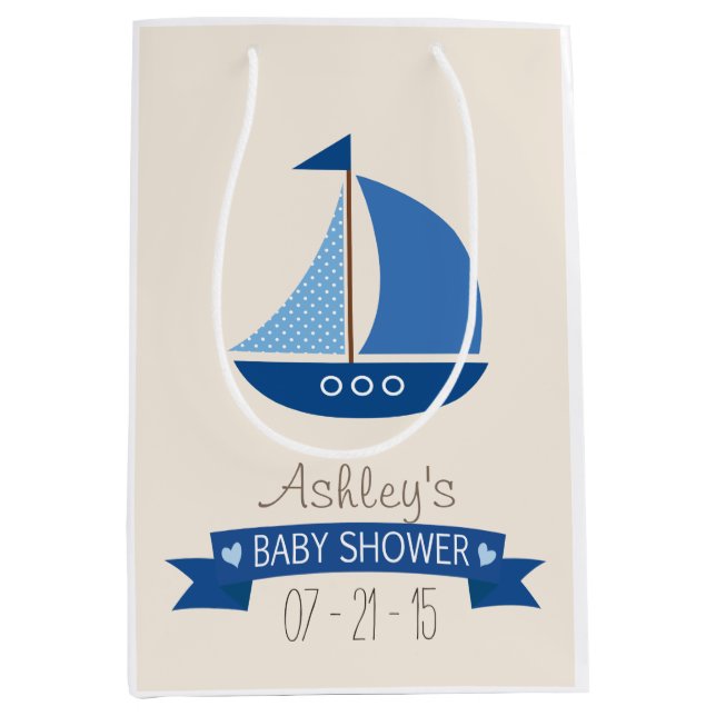 Blue Sailboat, Nautical Baby Shower Medium Gift Bag (Front)