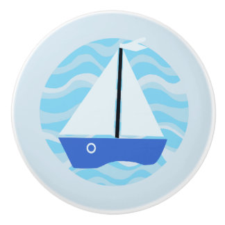 Blue sailboat on the ocean waves ceramic knob