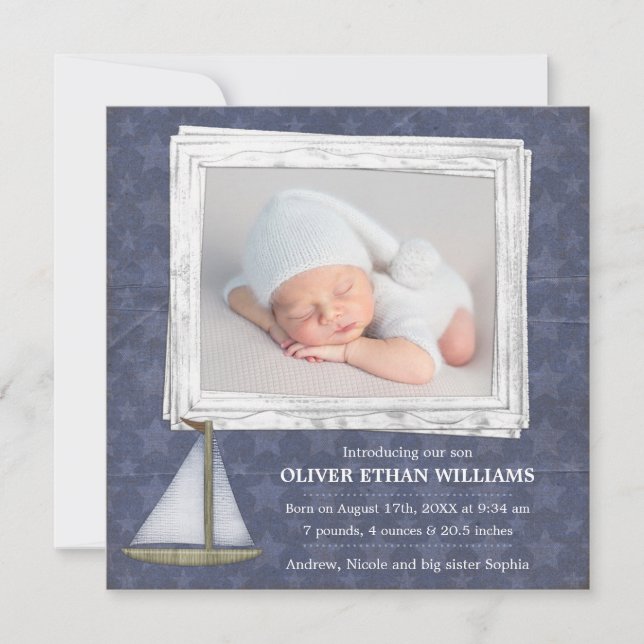Blue Sailboat Stars Boy Photo Birth Announcement (Front)