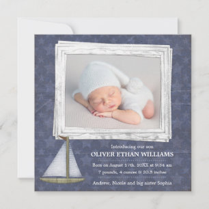 Blue Sailboat Stars Boy Photo Birth Announcement