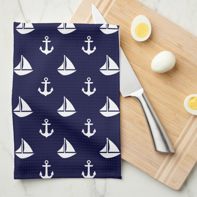 Blue Sailboats and Anchors Pattern Tea Towel (Quarter Fold)