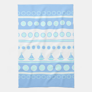 Blue Sailboats and Circles Rows Tea Towel