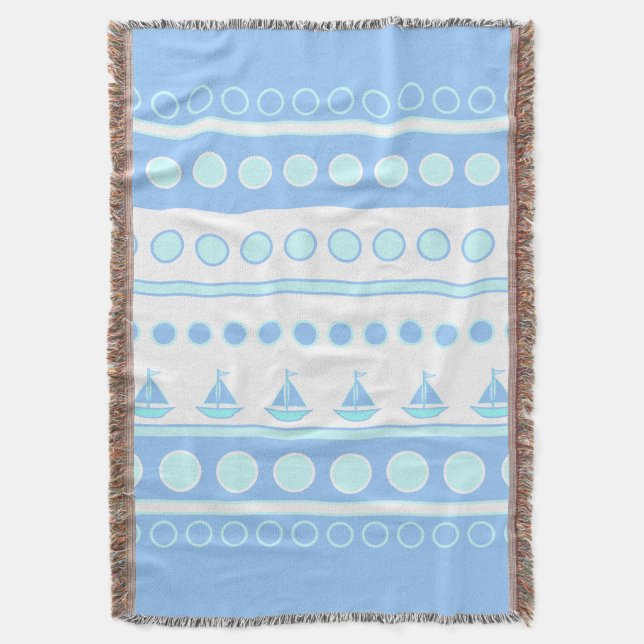 Blue Sailboats and Circles Rows Throw Blanket (Front Vertical)