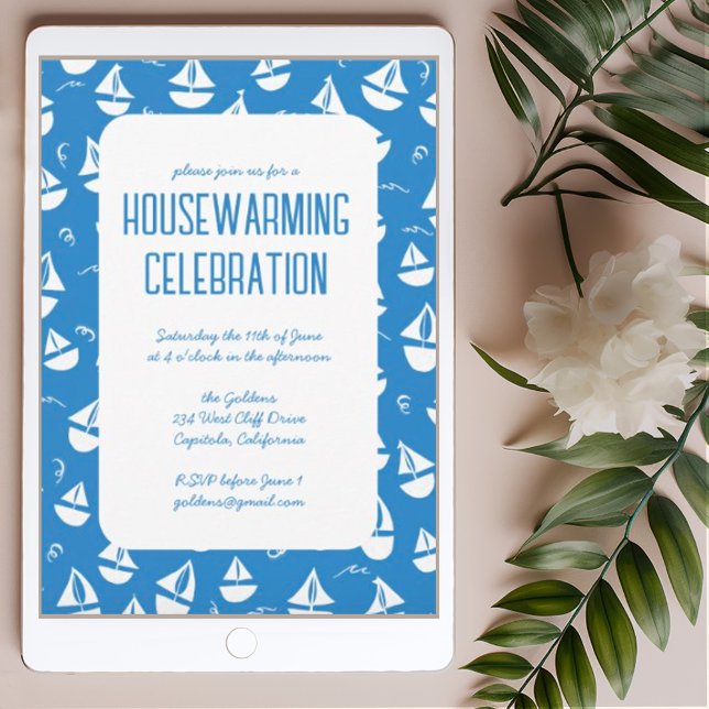 Blue Sailboats Cute Beach Housewarming Party Invitation (Custom housewarming invitation with cute sailboats pattern. Customize w your text digital or post)