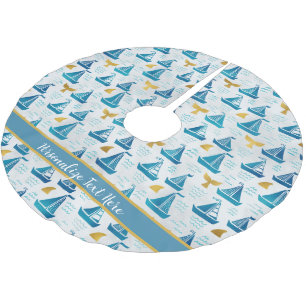 Blue Sailboats Gold Whales Ocean Sea Christmas Brushed Polyester Tree Skirt