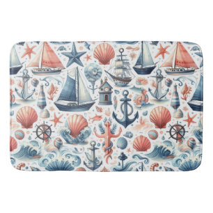BLUE SAILBOATS NAUTICAL ANCHORS CORAL SEASHELLS BATH MAT