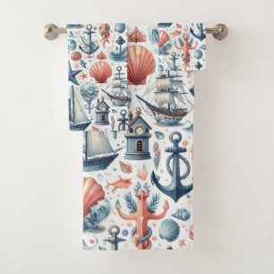BLUE SAILBOATS NAUTICAL ANCHORS CORAL SEASHELLS BATH TOWEL SET