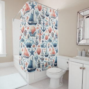 BLUE SAILBOATS NAUTICAL ANCHORS CORAL SEASHELLS SHOWER CURTAIN