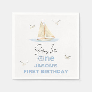 Blue Sailing Boat Sailing Into One 1st Birthday Napkin