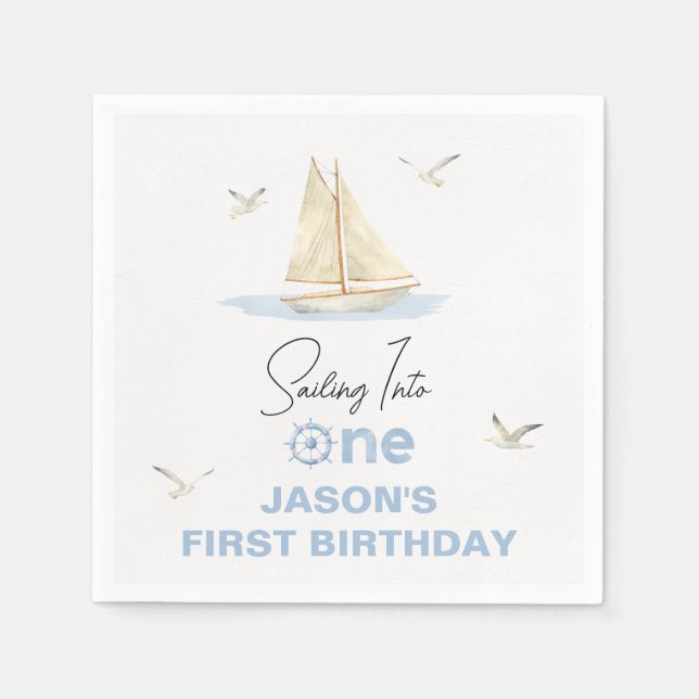 Blue Sailing Boat Sailing Into One 1st Birthday Napkin (Front)