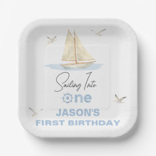 Blue Sailing Boat Sailing Into One 1st Birthday Paper Plate
