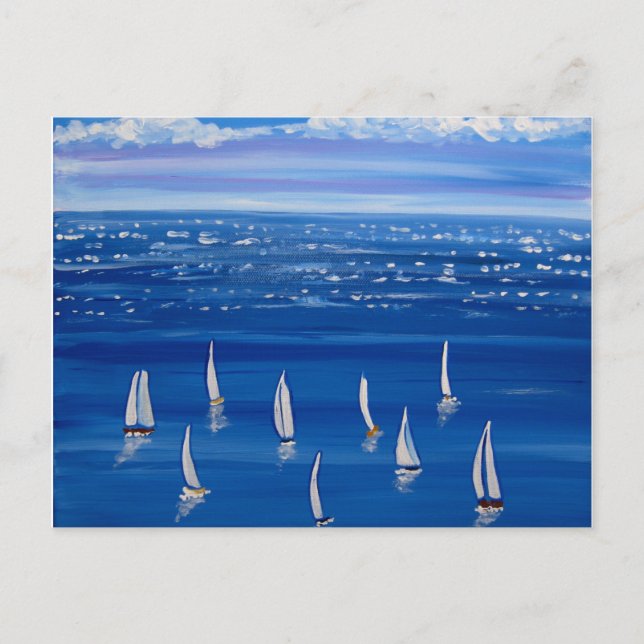 Blue Sailing Sailboats Folk Art Post Card (Front)