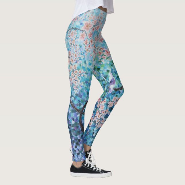 blue sakura cherry blossom floral painting yoga leggings (Right)