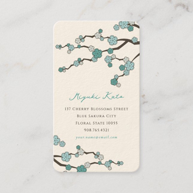 Blue Sakura Oriental Zen Chinese Cherry Blossoms Business Card (Front)