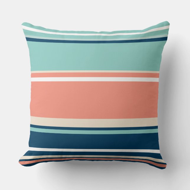 Blue, Salmon and Turquoise Stripes  Cushion (Front)